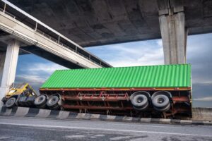 A trailer truck collided on the street while delivering a cargo container to its destination, underscoring the risks of truck driving and the need for high insurance.